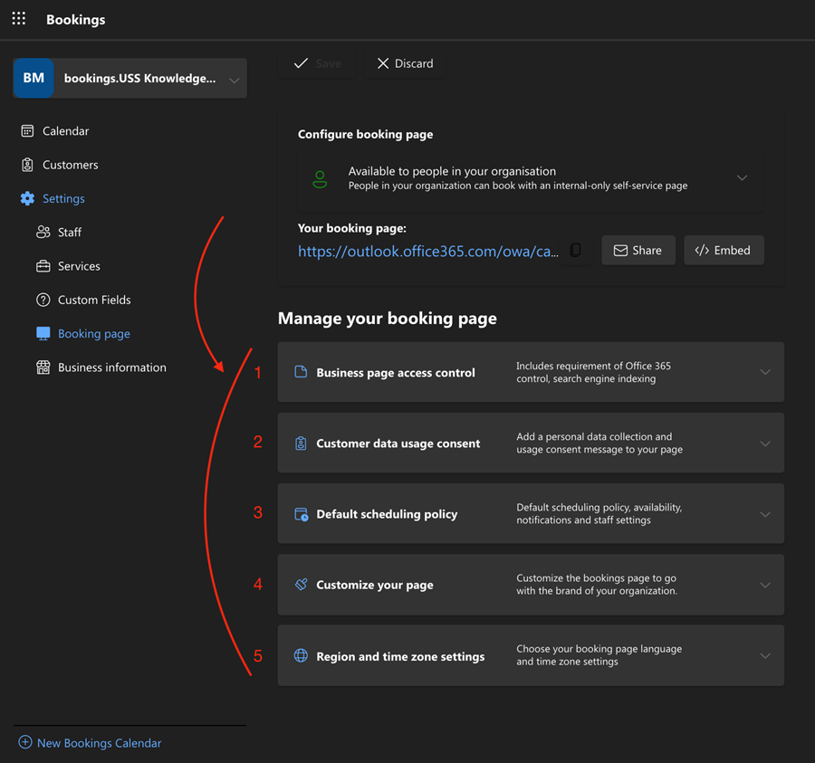 Booking page settings screen with Manage your booking page highlighted