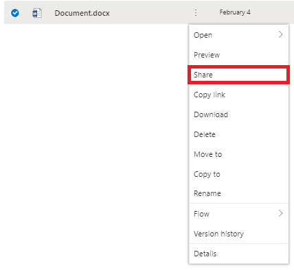 OneDrive Options tab, click on Share