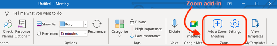 Screenshot showing Add a Zoom Meeting and Settings buttons in the Zoom section of the Outlook ribbon