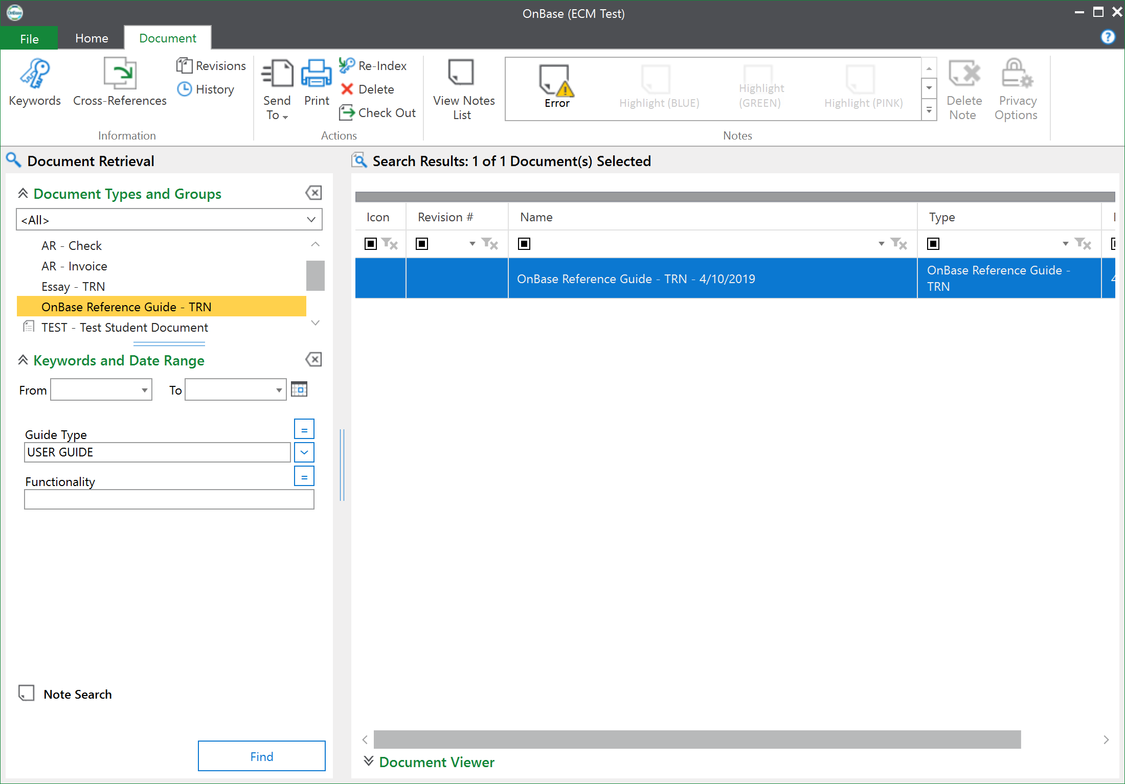 To open any document that comes available from either method described above, double-click on it from the search results pane on the right