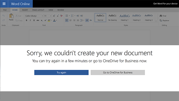 Error message in Word Online when you haven't signed into OneDrive yet