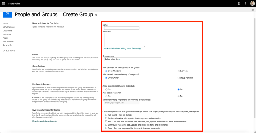 People and Groups, Create Group window with all of the required information highlighted.