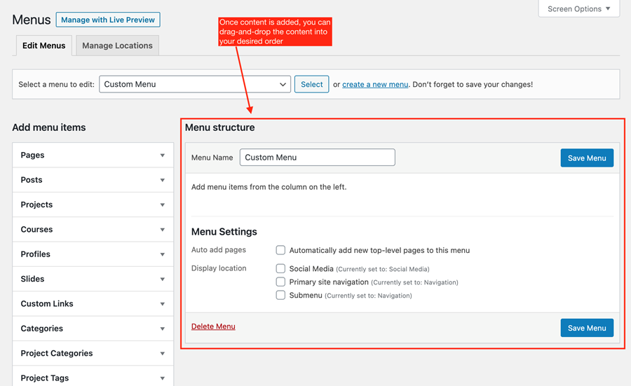 Menu editor page with the Menu structure panel highlighted