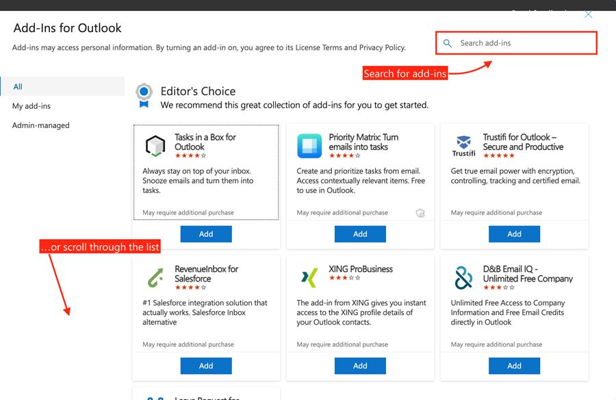 Add-Ins for Outlook manager with the search field highlighted