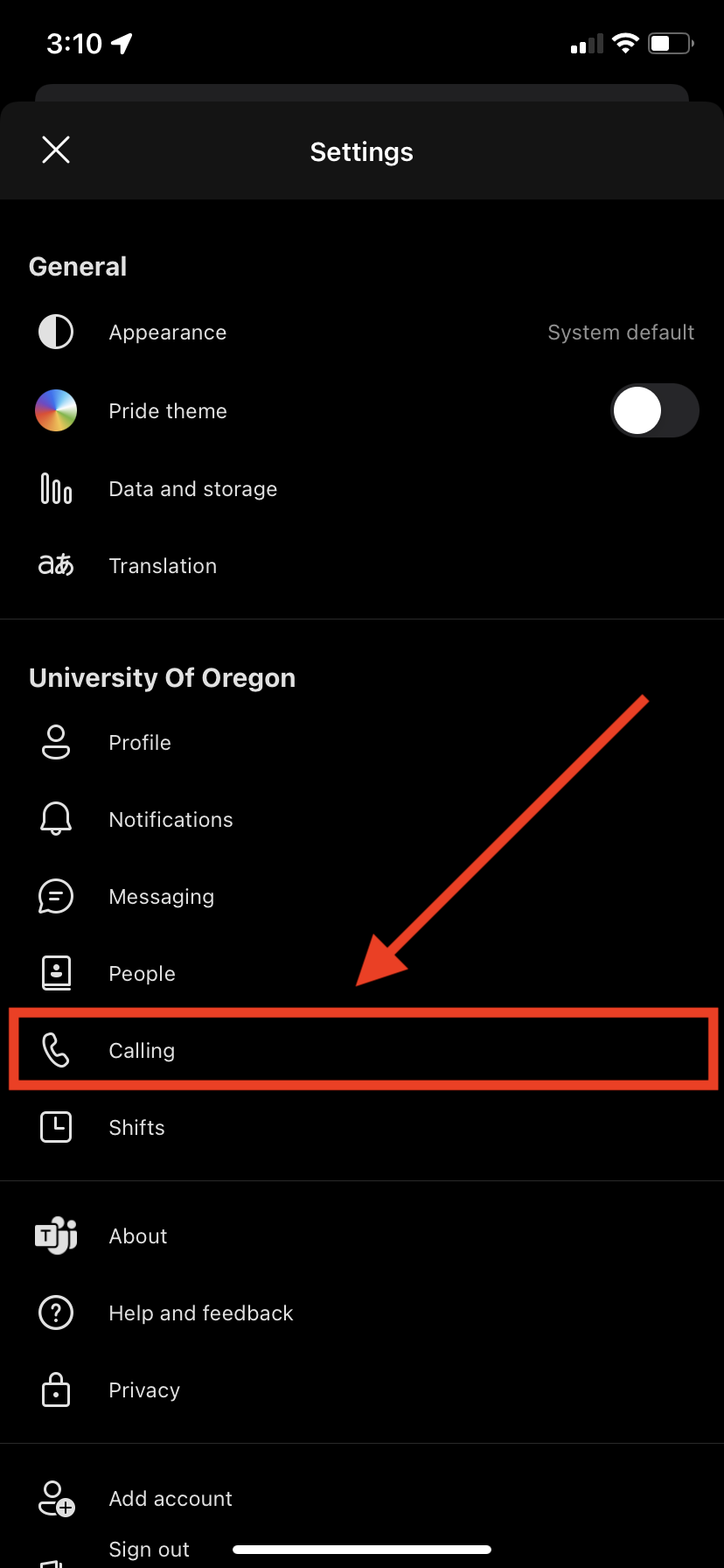 Mobile settings with Calling highlighted