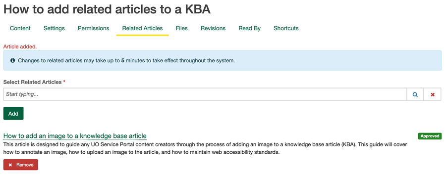 Related Articles tab with Article added highlighted.