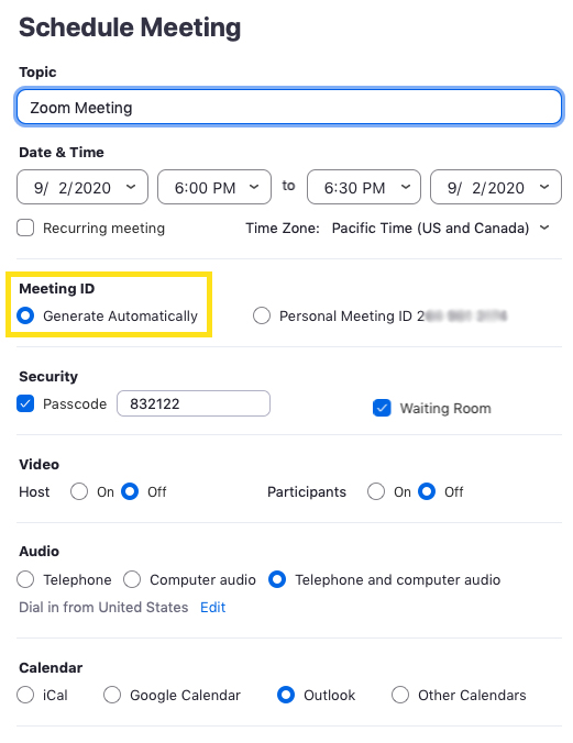 Zoom schedule window that shows the Meeting ID section highlighted