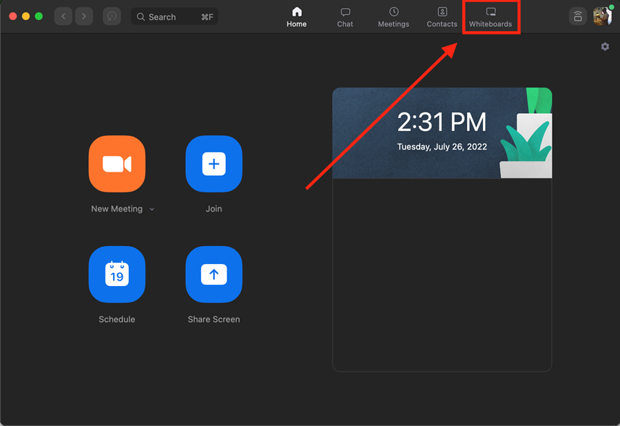 Select Whiteboards from the Zoom Desktop app toolbar