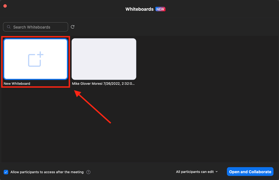 New Whiteboard option selected