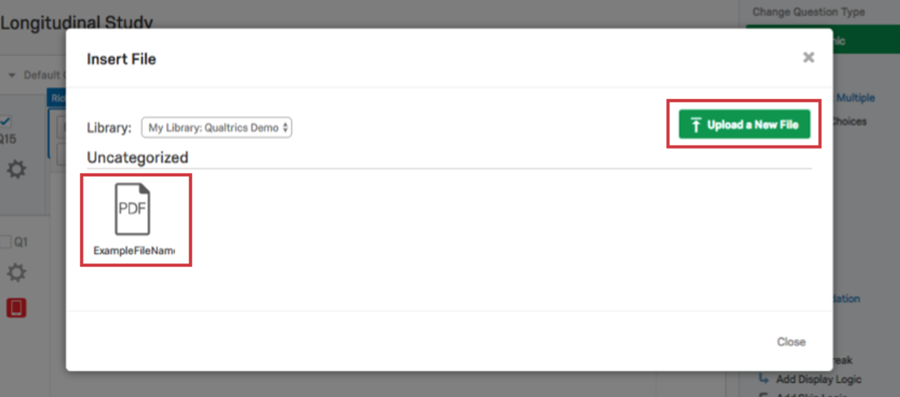 Choose the file from your Qualtrics account or upload it, then click Upload New File