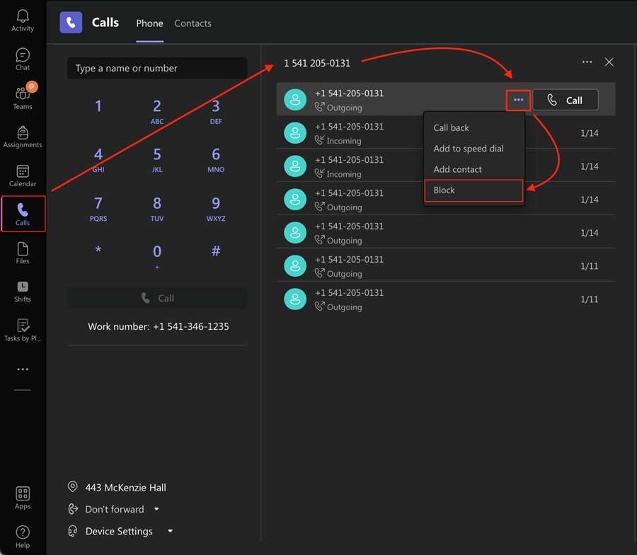 Calls > Contact / Phone Number you wish to block > More Options > select Block