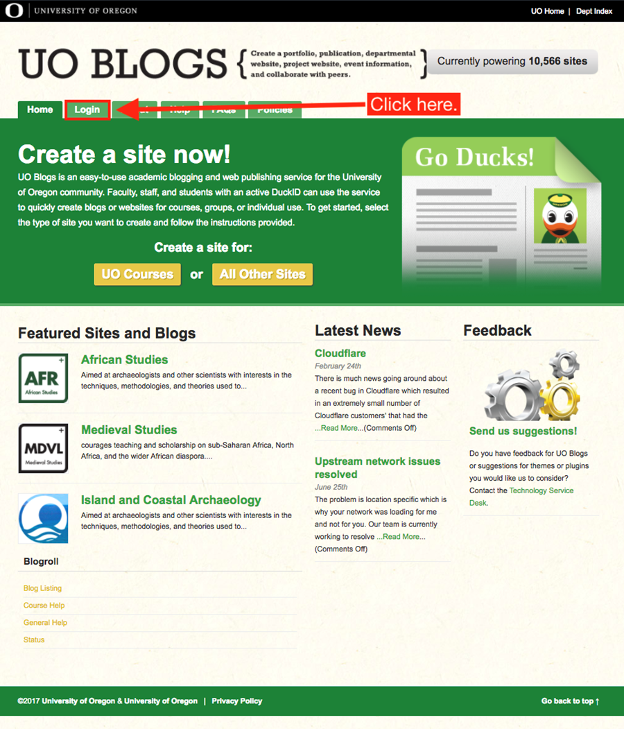 UO Blogs homepage with Login tab highlighted