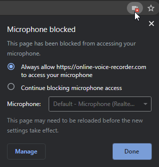 Microphone blocked dialog box with Always Allow option highlighted