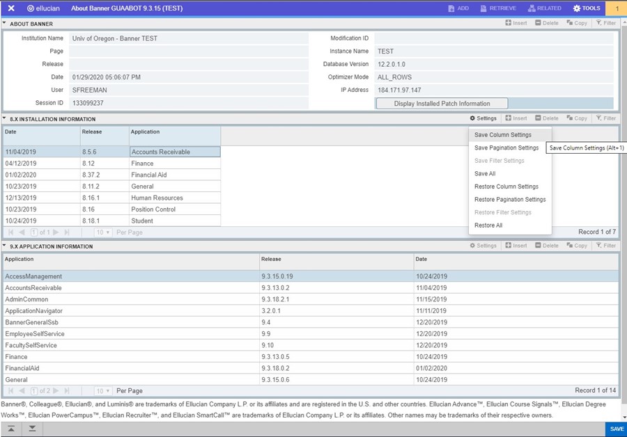 GUAABOT Save Column Settings settings menu option selected