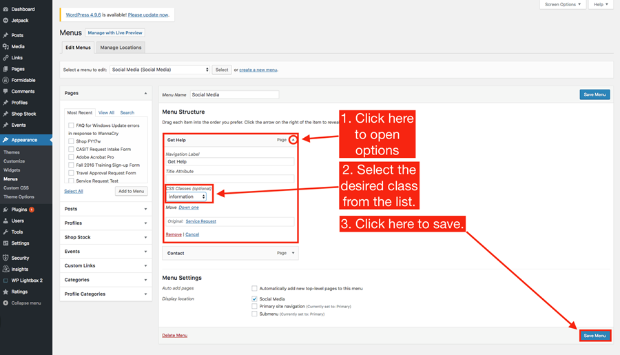 Menu editor screen (steps for adding content highlighted)