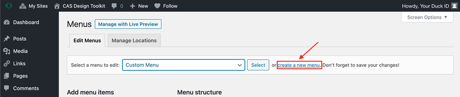 Menus screen with create a new menu link highlighted