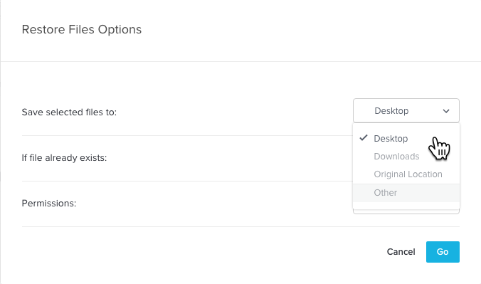 Restore Files Options dialog box with options to save the selected files. The Go button is highlighted after the file location is chosen.
