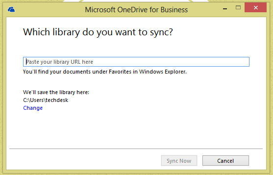 OneDrive Library Selection Window For Pasting Your OneDrive URL to Sync.