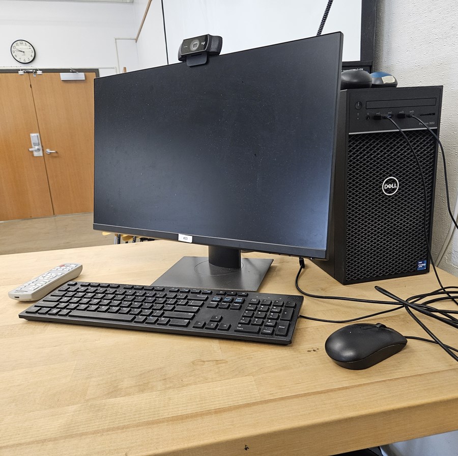 Close view of the instructor computer lab station within the Lawrence Room 383 computer lab.
