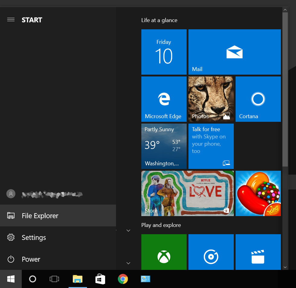 Start menu, File Explorer