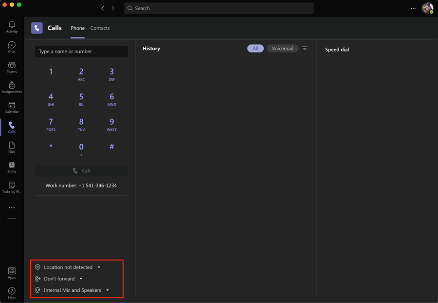 Teams Calling Quick Settings options menus