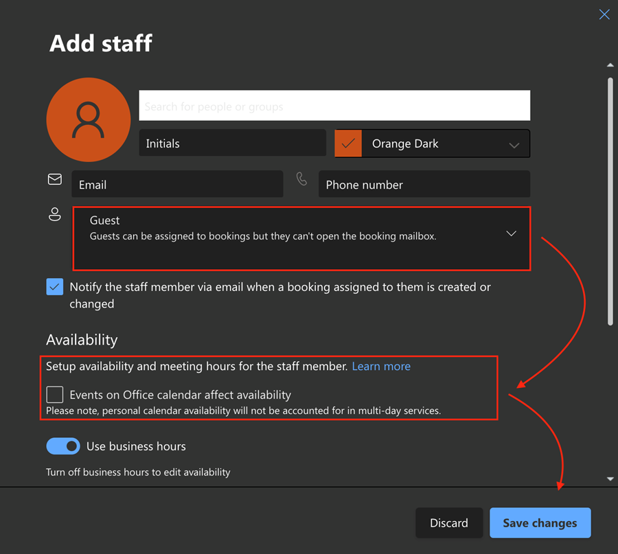 Add Staff dialog box with the role and availability options highlighted