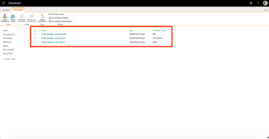 Permission levels view with all sharing groups visible