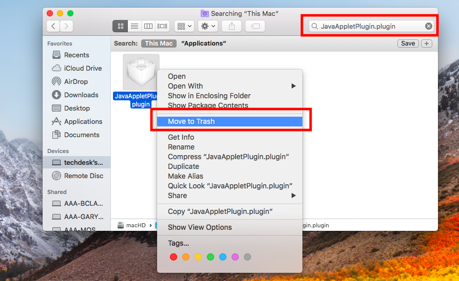 Right click on the java applet plugin and select move to trash