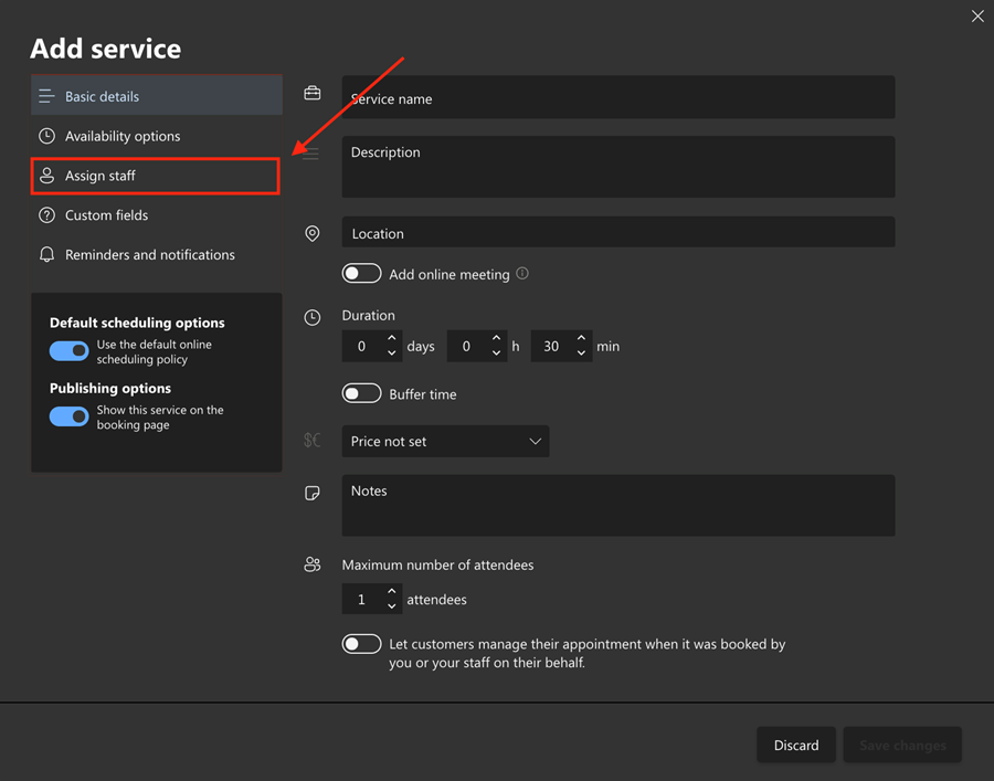 Add Service dialog with Assign staff option highlighted