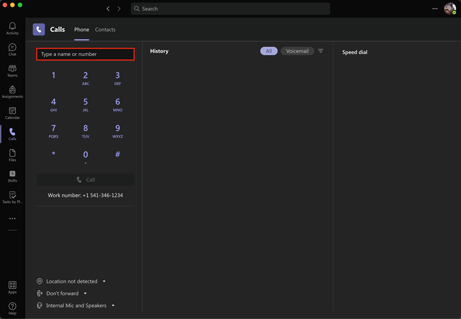 Type a name or number field highlighted on Calls screen