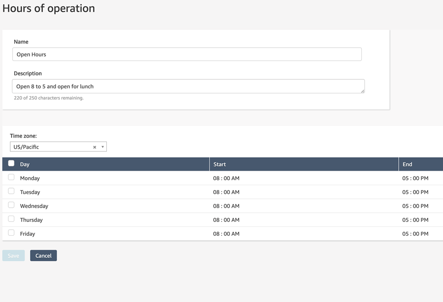 Amazon Connect Hours of operation