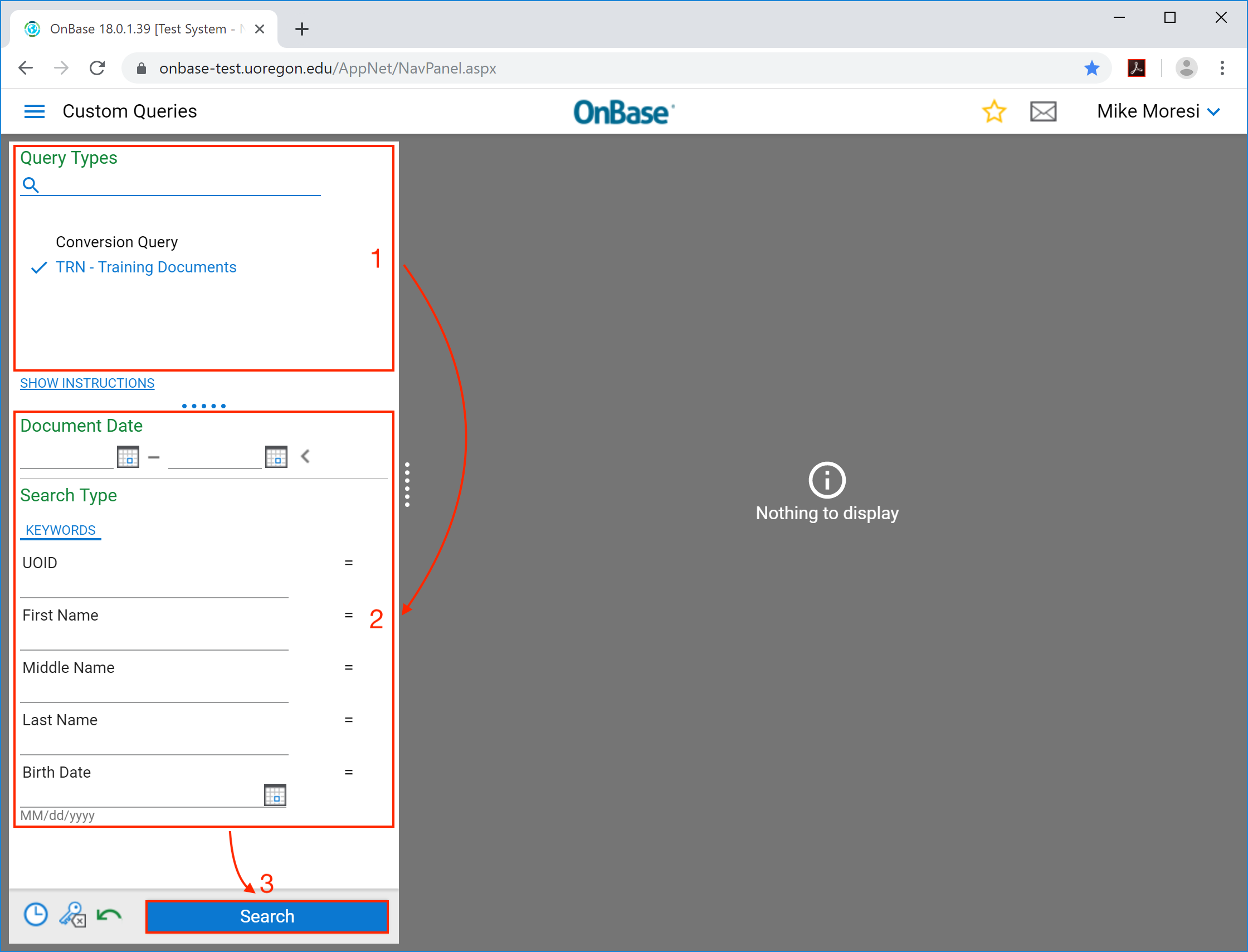 Select the query, add keywords and date ranges, then click Search