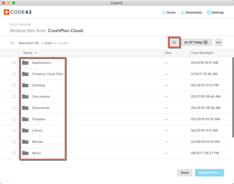 Restore files dialog box with the search icon and list of file folders highlighted