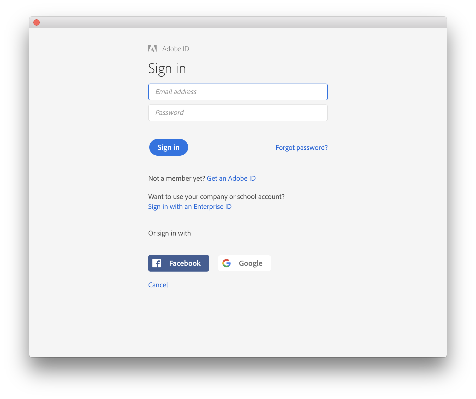 Adobe Sign In prompt