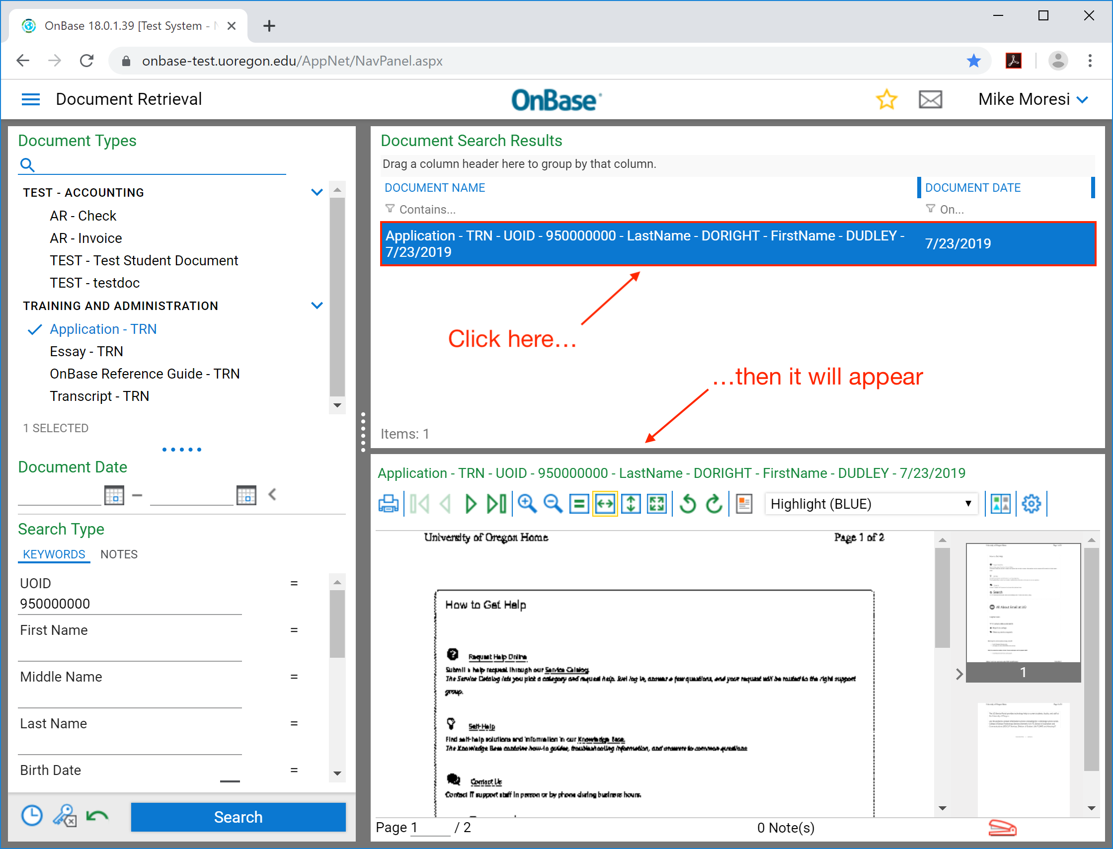 Click on the file retrieved from the search to preview it in the web client