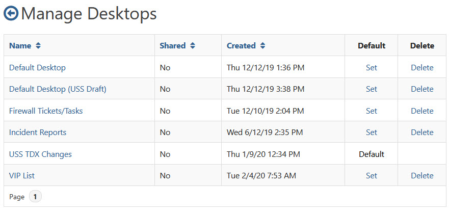 Manage Desktops screen