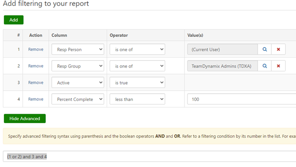 Task report filtering