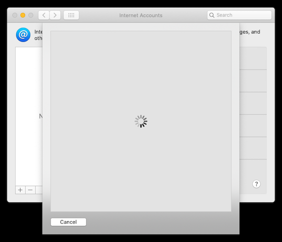 Window showing spinning circle on Mac Mail account set-up page.