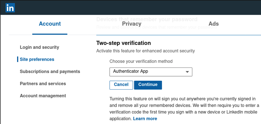 LinkedIn two-step verification page