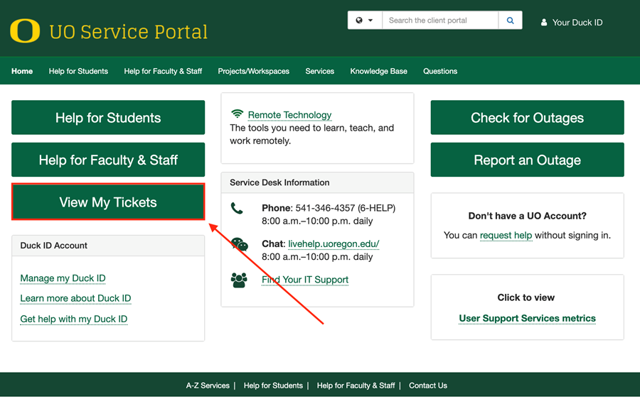 UO Service Portal home page with the View My Tickets button highlighted