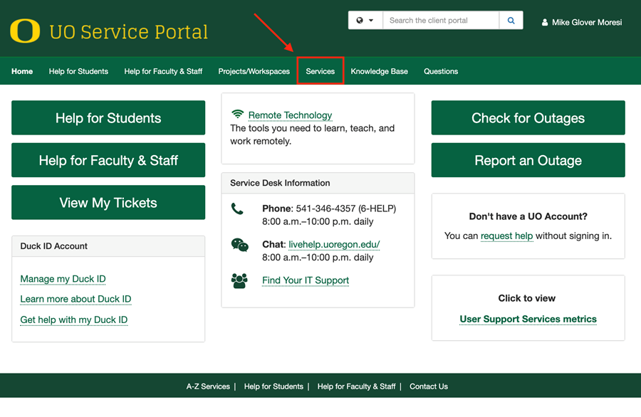 UO Service Portal with the services link highlighted