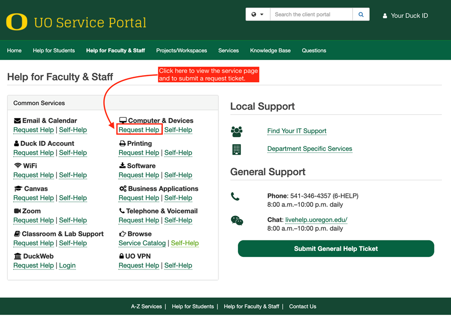 Help for Faculty and Staff page with a request help link highlighted