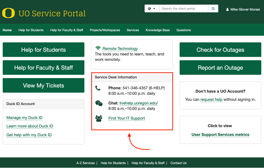 UO Service Portal with Service Desk Information highlighted.