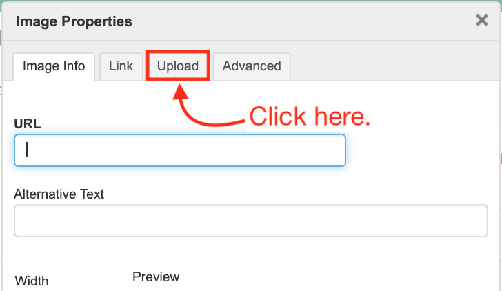The Image Properties dialog box with the Upload tab highlighted.