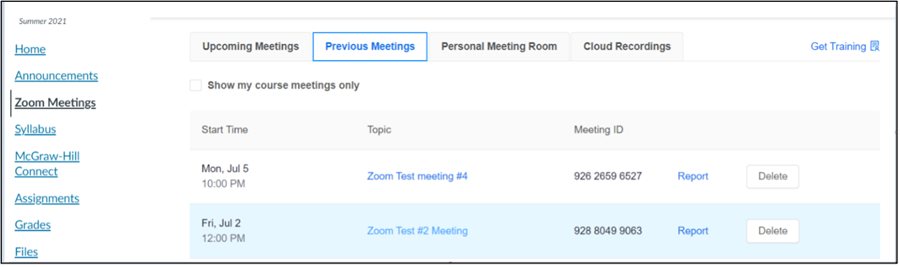 Zoom Meetings Page in Canvas