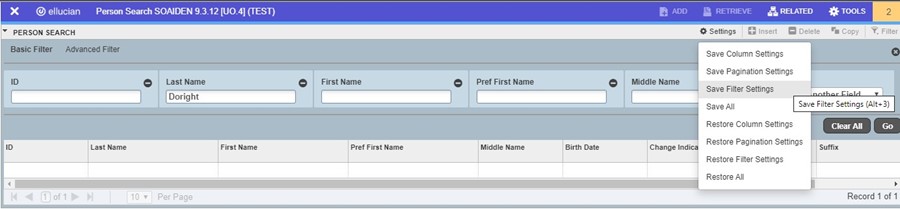 SOAIDEN dialog box with Save Filter Settings setting option selected