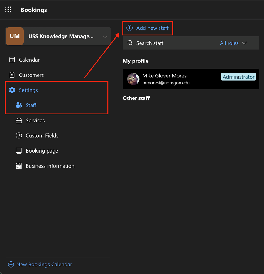 In the Bookings Calendar Settings menu, select Staff, then Add new staff