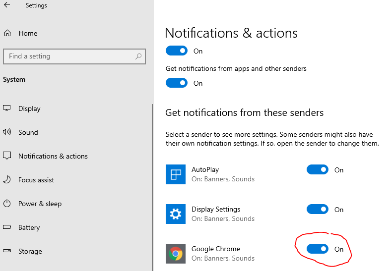 Windows 10 Control Panel Notifications window