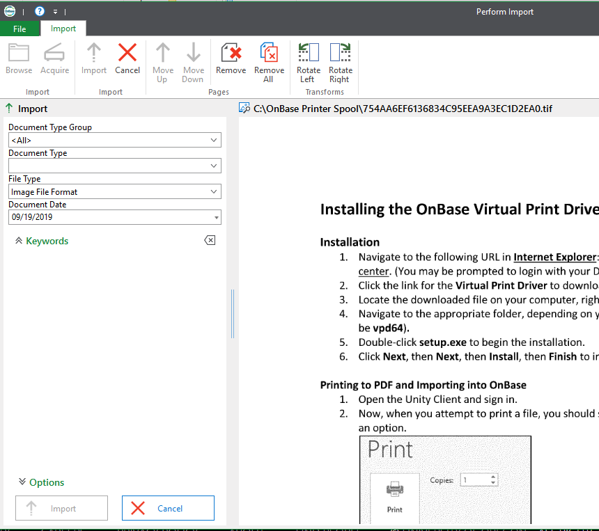 Unity client virtual printer installation screen