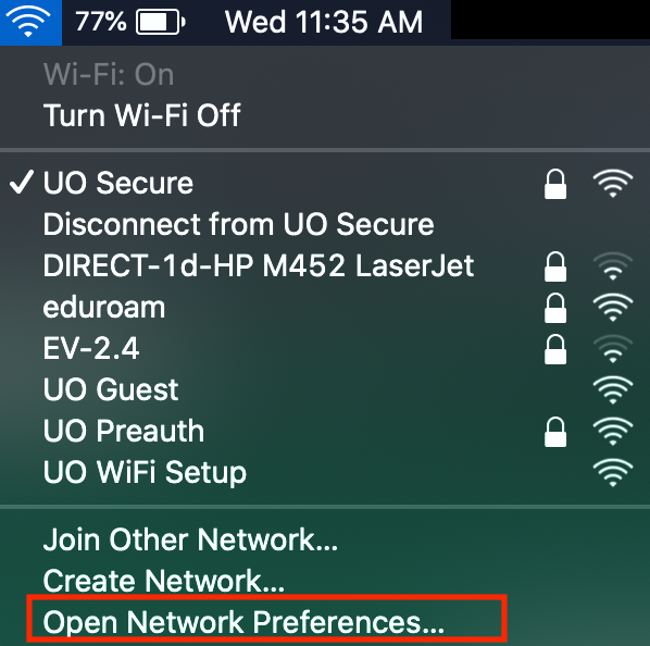 Wi-Fi menu (macOS). This displays a list of Wi-Fi networks that are located near you with the option to "Open Network Preferences..." highlighted at the bottom of the menu.
